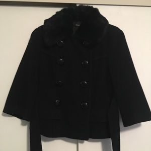 Black Bebe coat with fur collar & tie waist